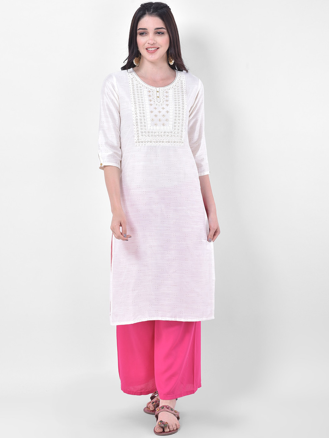 

Span Women White Embroidered Mirror Work Kurta
