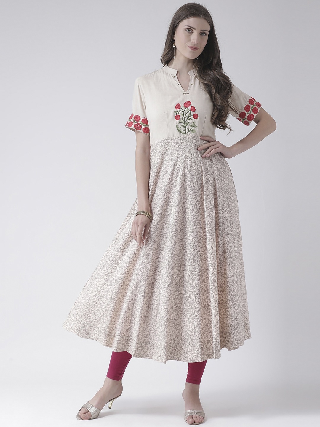 

Span Women Beige & Red Geometric Printed Thread Work Pure Cotton Anarkali Kurta