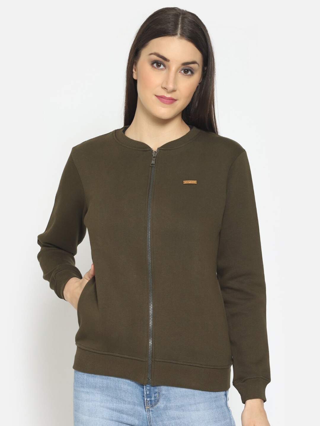 

Hapuka Women Olive Green Front Zip Sweatshirt