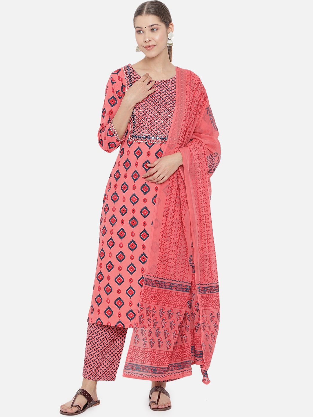 

Prakhya Women Pink Geometric Printed Kurta With Palazzos & Dupatta