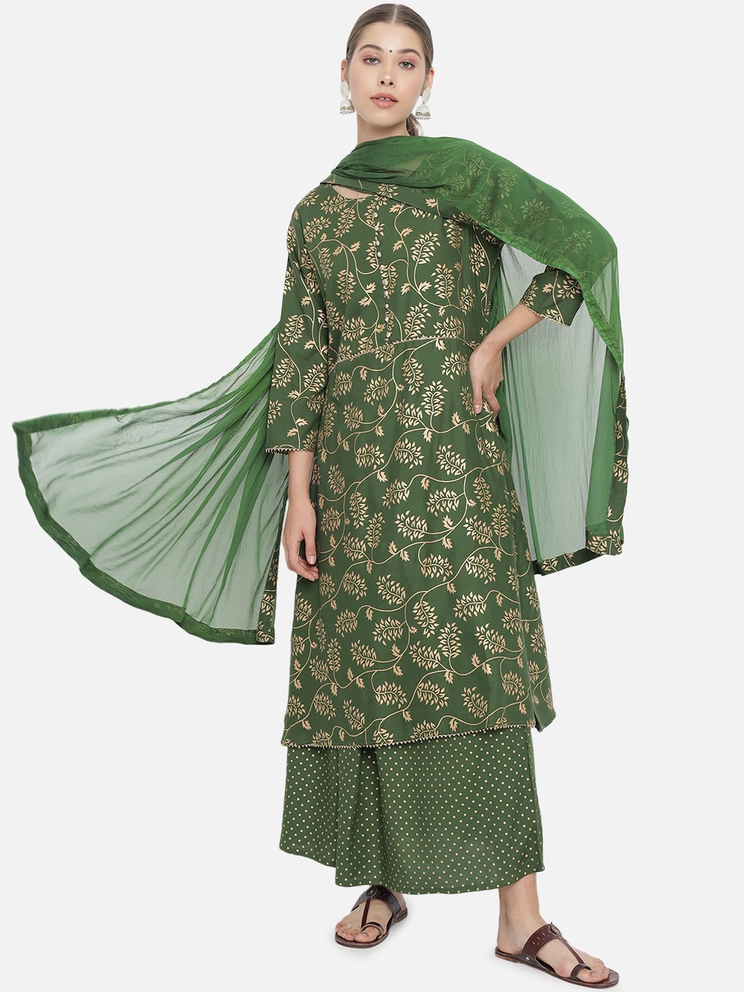 

Prakhya Women Green Printed Kurta with Palazzos & Dupatta