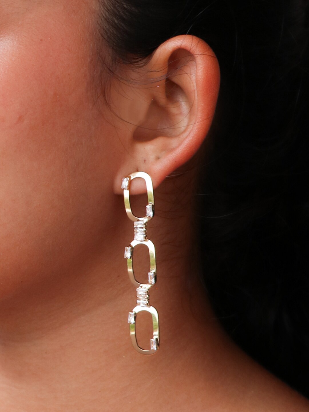 

Ayesha Gold-Toned Contemporary Rhinestone Studded Rectangular Triple Drop Earrings