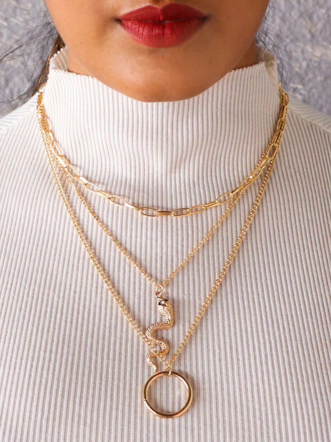 

Ayesha Gold-Plated Snake & Circular Pendant Chain-link Statement Layered Necklace