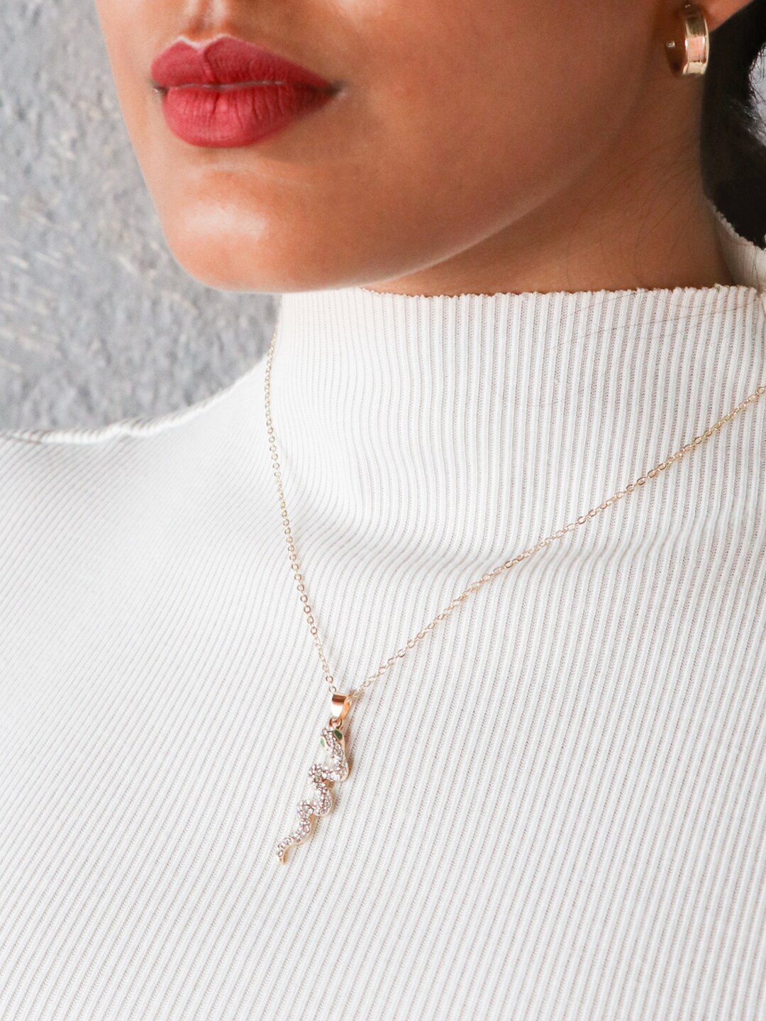 

Ayesha Gold-Toned & Red Snake Mini Pendant Stone Studded Dainty Necklace