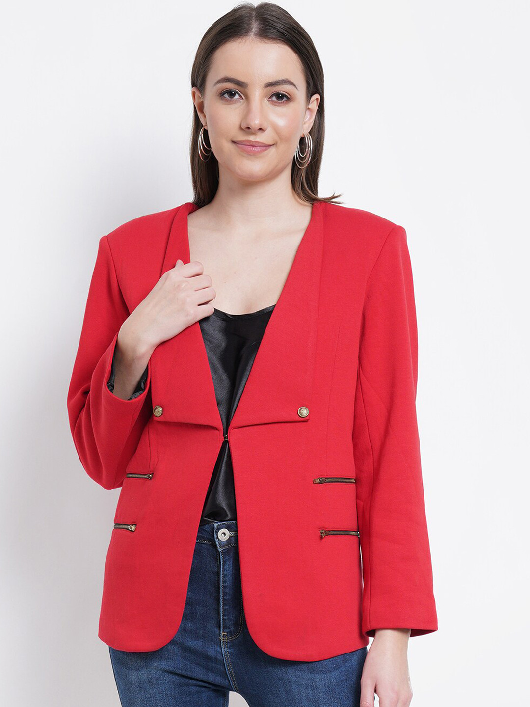 

Purple State Women Red Solid Pure Cotton Casual Blazer