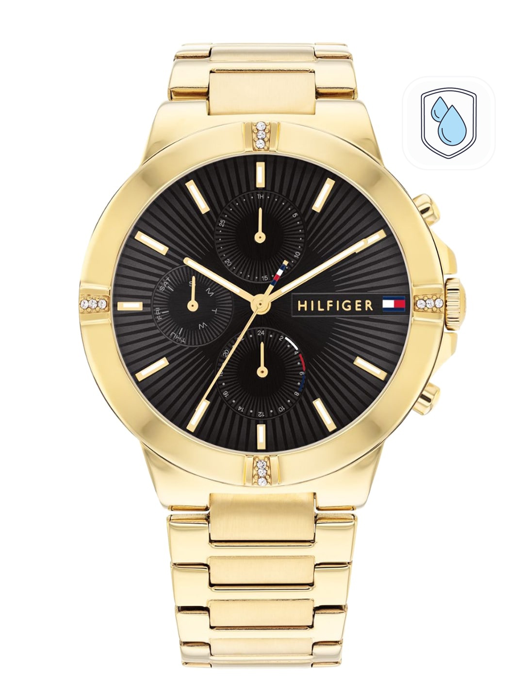 

Tommy Hilfiger Women Black Dial & Gold Toned Embellished Analogue Watch