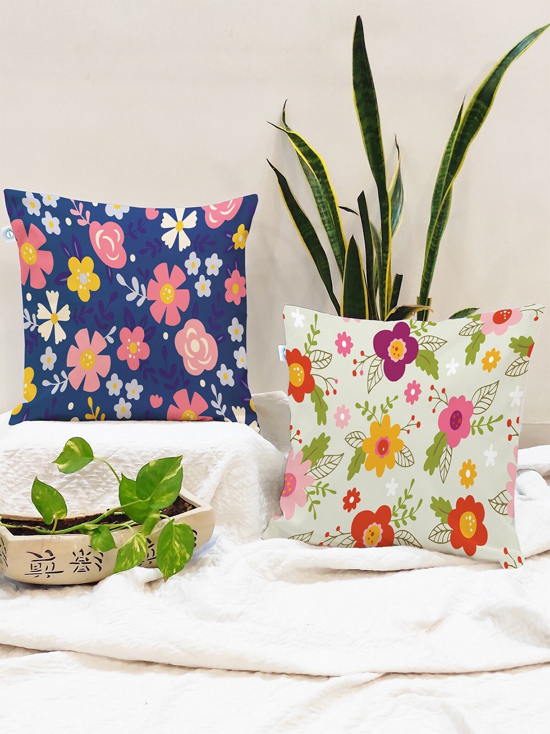 

STITCHNEST Set of 2 Floral Square Cushion Covers, Blue
