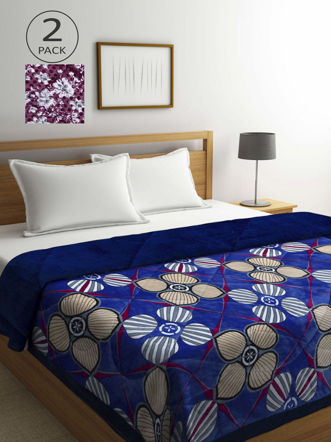 

KLOTTHE Navy Blue & Maroon Set of 2 Floral Heavy Winter Double Bed Quilt