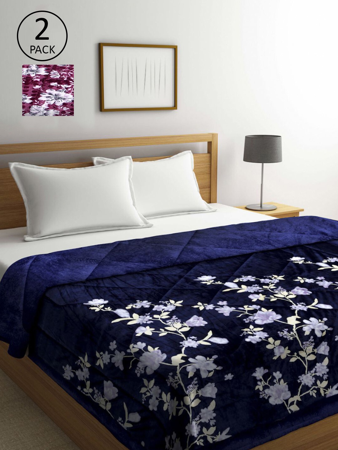 

KLOTTHE Set Of 2 Violet & Blue Floral Printed 900 GSM Double Bed Quilt