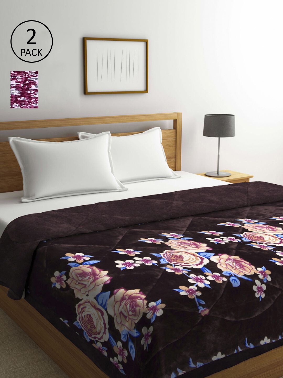 

KLOTTHE Set Of 2 Brown & Pink Floral Printed Fur Heavy Winter Double Bed Quilt