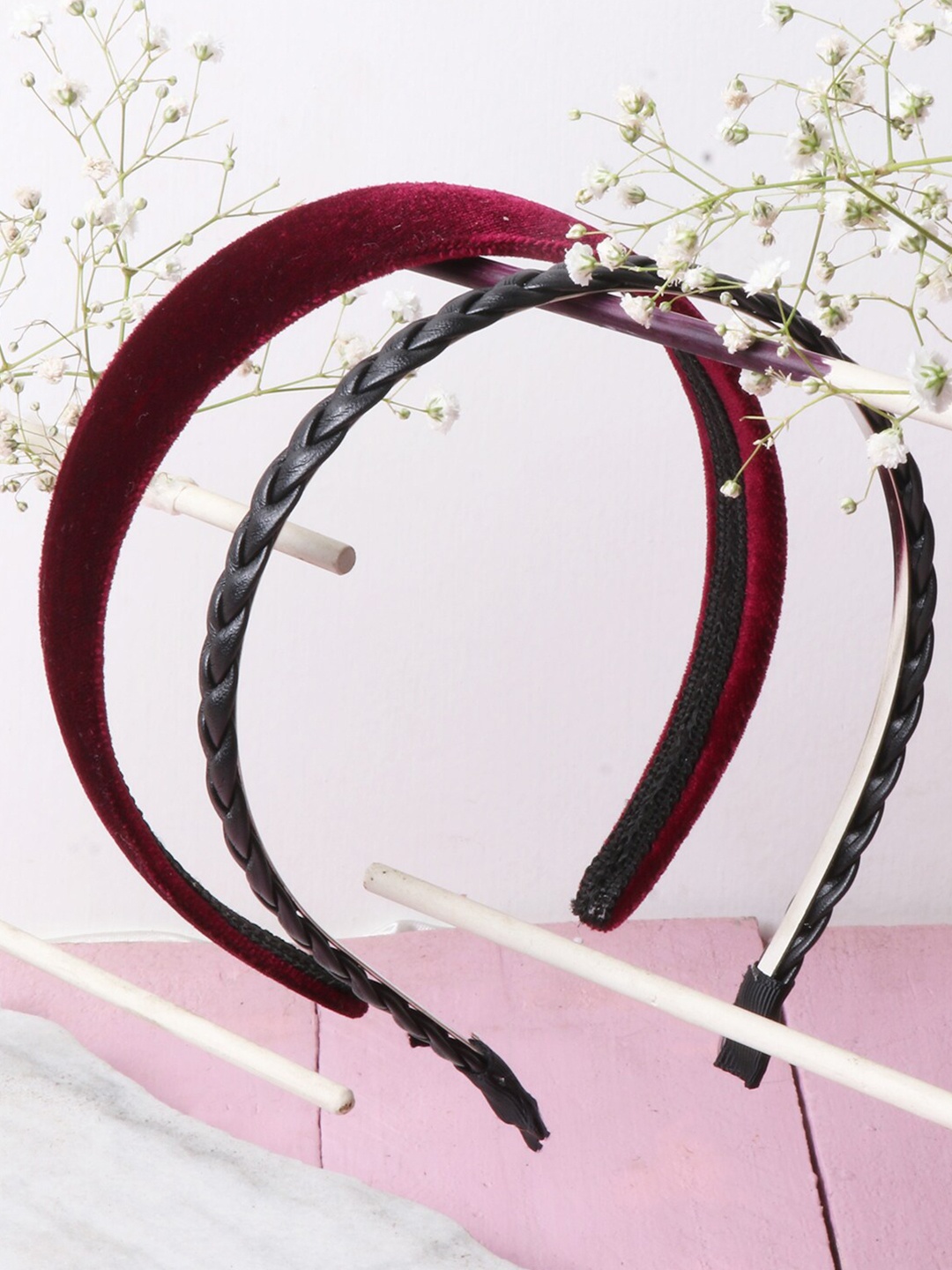 

Ayesha Women Set of 2 Maroon Velvet & Black Braided Hairbands