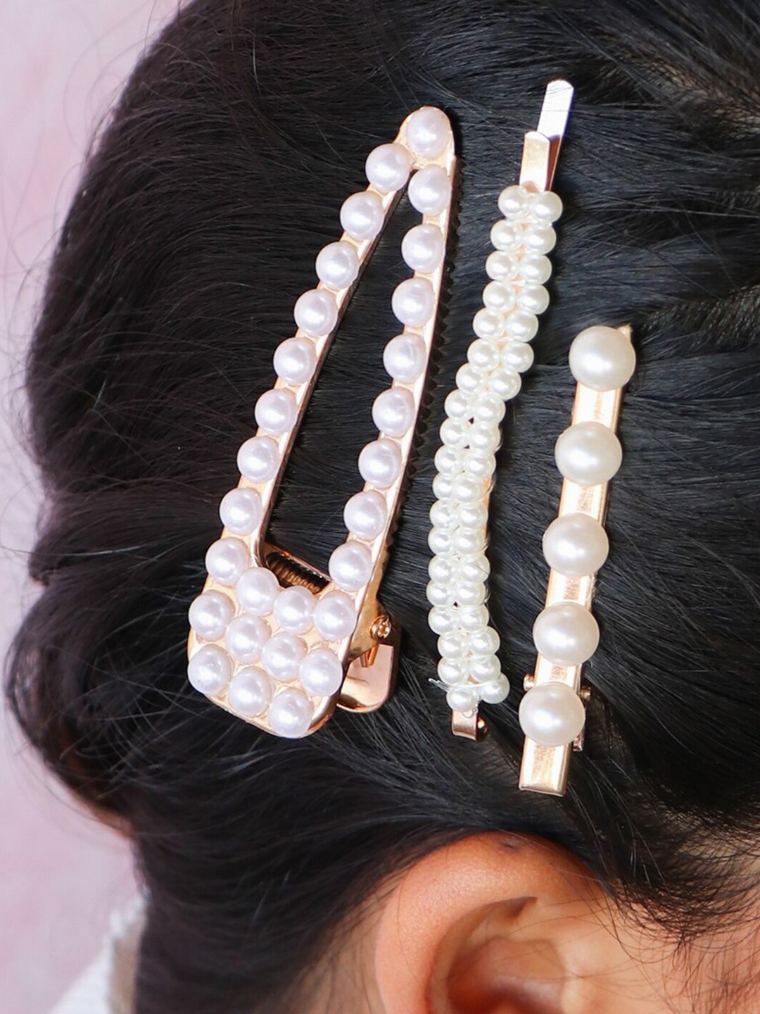 

Ayesha Women Gold-Toned & White Pearl Studded Set of 3 Tic Tac Hair Clip