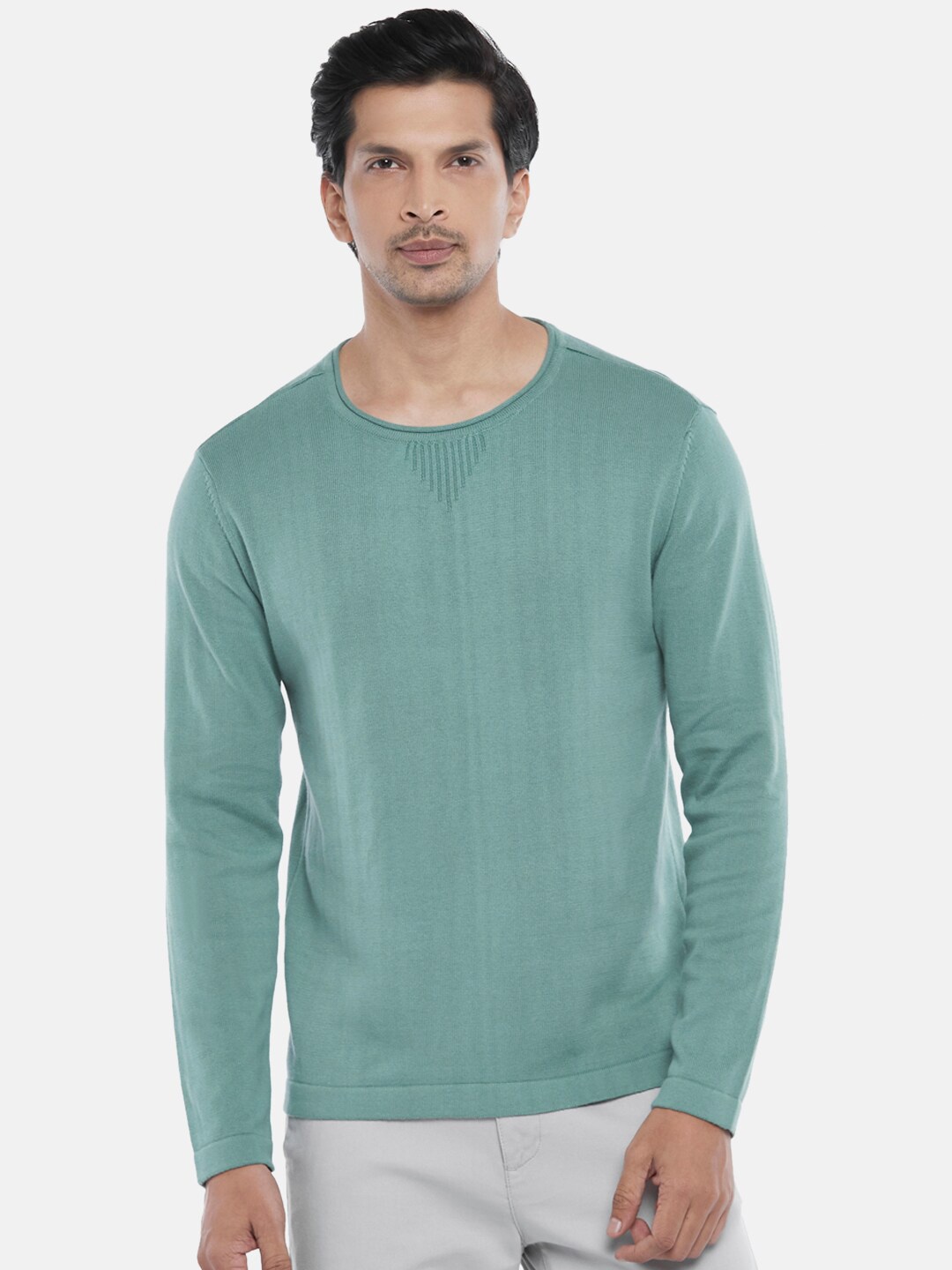 

BYFORD by Pantaloons Men Green Pure Cotton Pullover