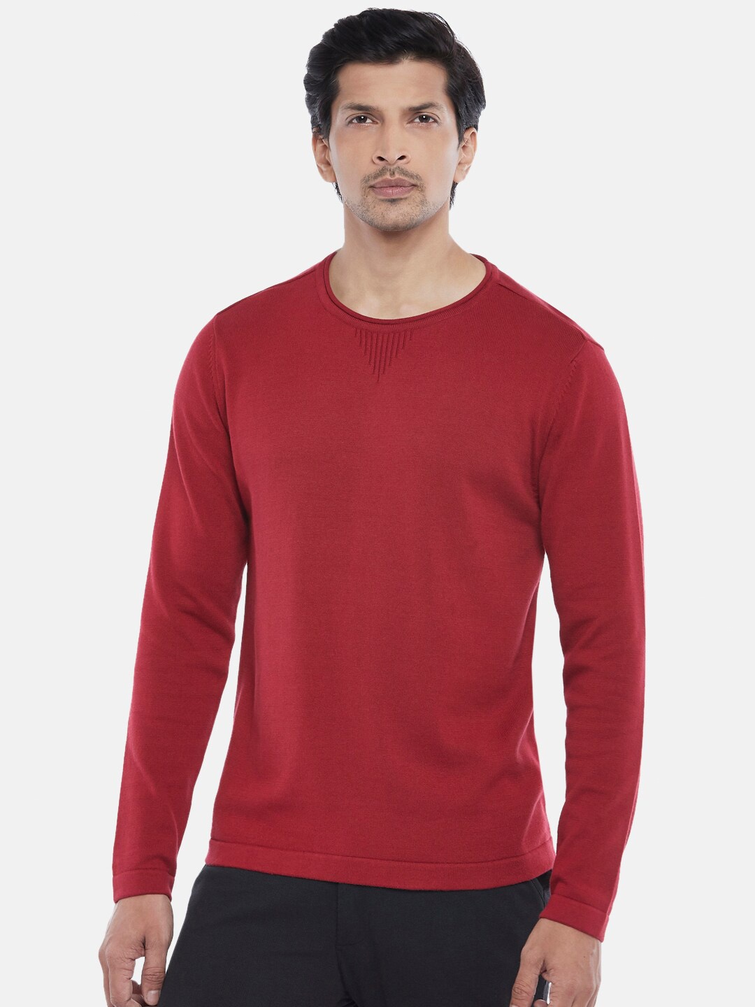 

BYFORD by Pantaloons Men Maroon Solid Pure Cotton Pullover Sweater
