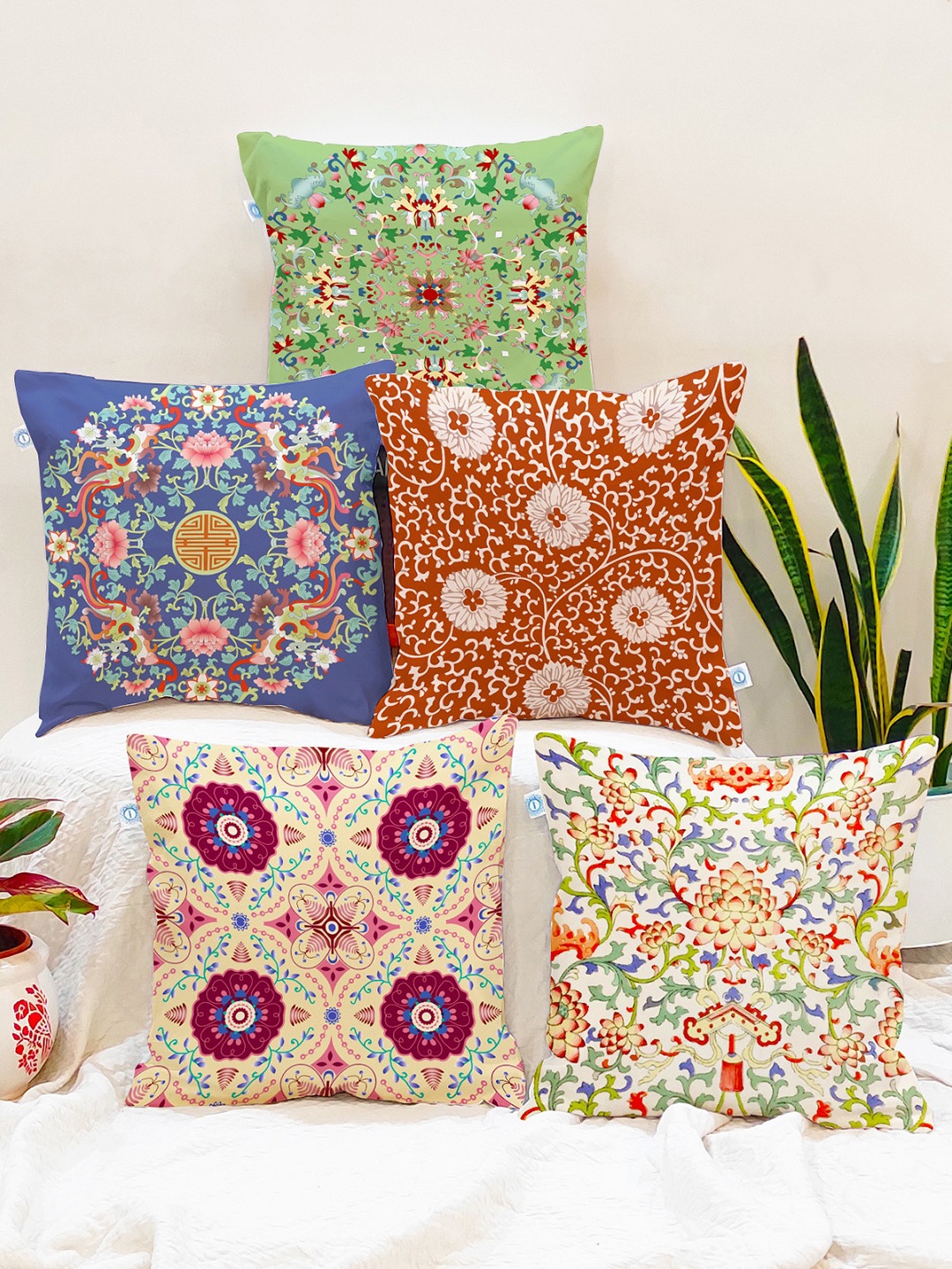 

STITCHNEST Green & Off White Set of 5 Ethnic Motifs Square Cushion Covers