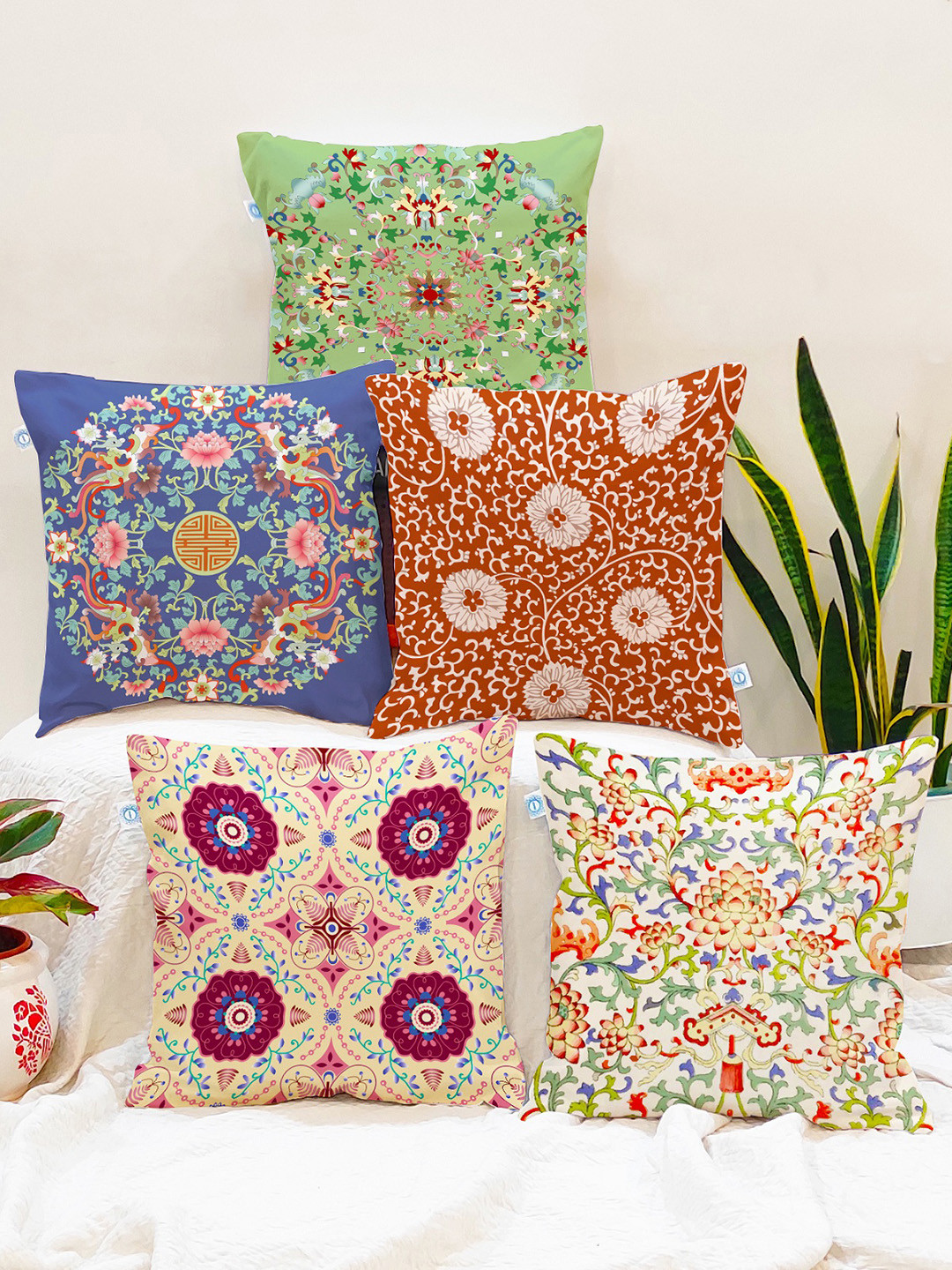 

STITCHNEST Green & Off White Set of 5 Ethnic Motifs Square Cushion Covers