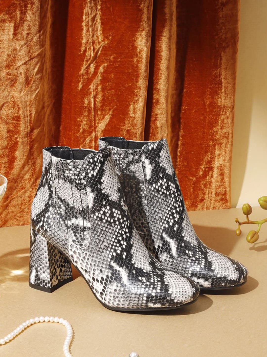 

Saint G Women Grey & White Printed Leather Ankle Boots