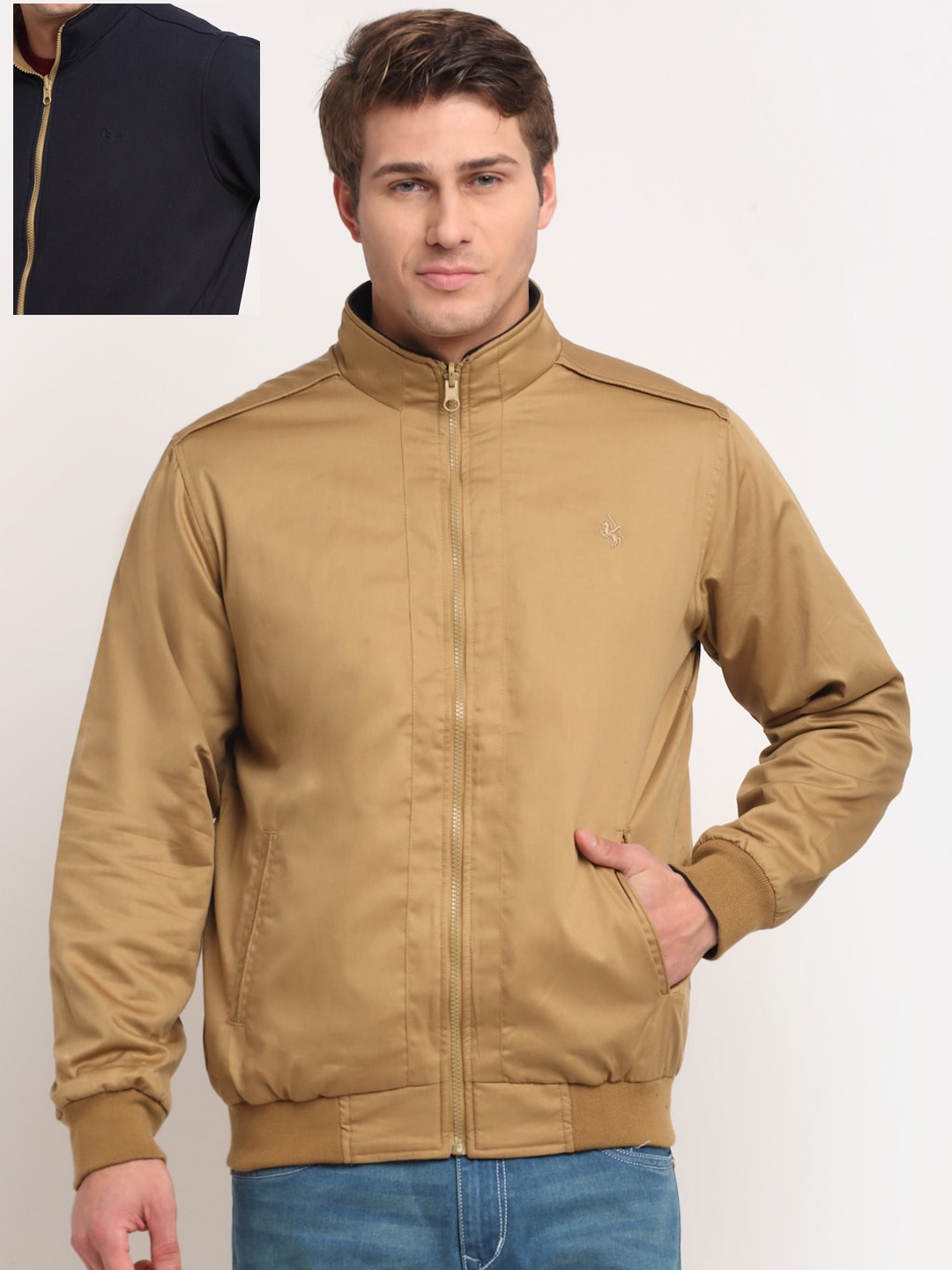 

Cantabil Men Khaki Acrylic Reversible Bomber with Embroidered Jacket