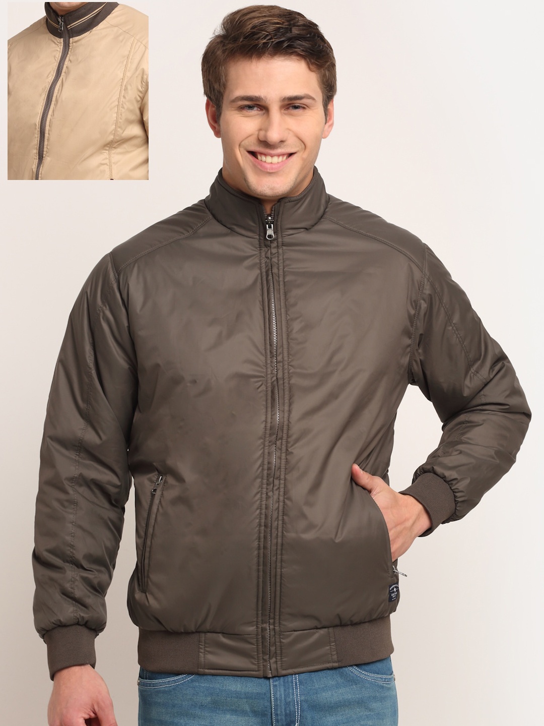 

Cantabil Men Brown Beige Reversible Bomber Jacket