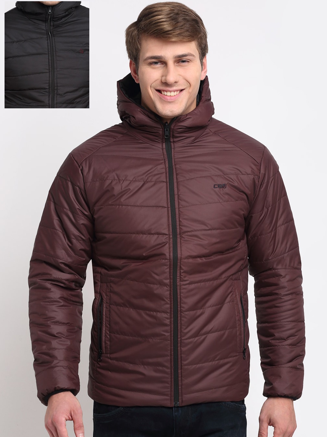 

Cantabil Men Burgundy & Black Solid Reversible Padded Jacket