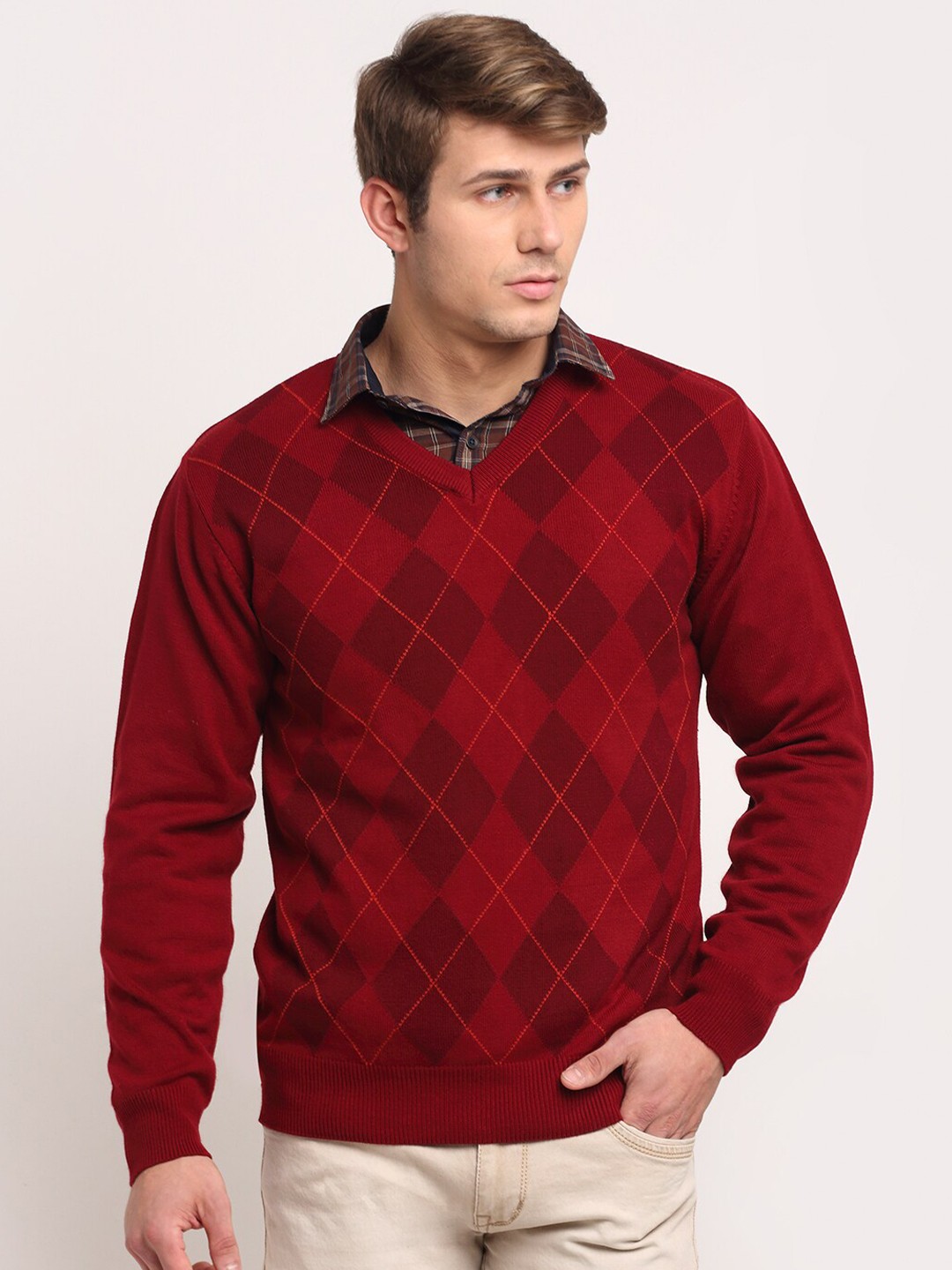 

Cantabil Men Red Checked Woolen Pullover