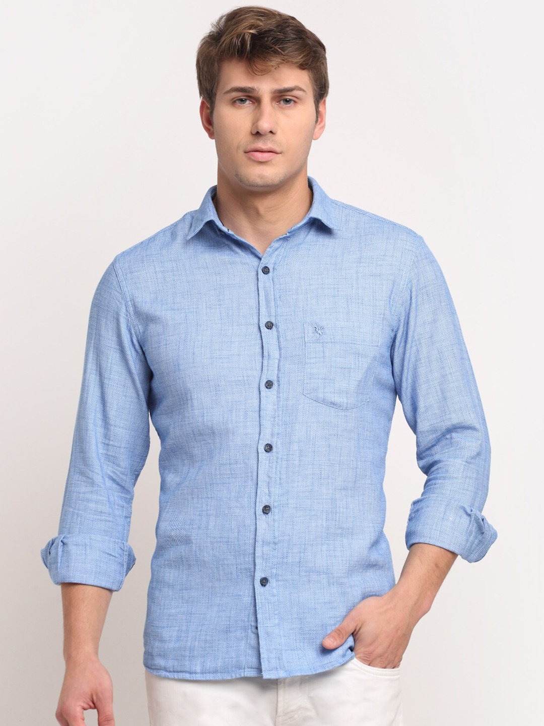 

Cantabil Men Blue Solid Pure Cotton Casual Shirt