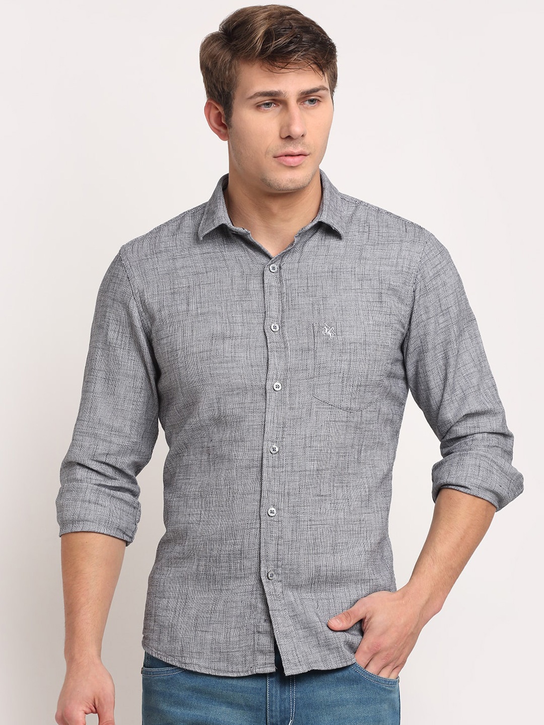 

Cantabil Men Black & Grey Self Design Pure Cotton Casual Shirt