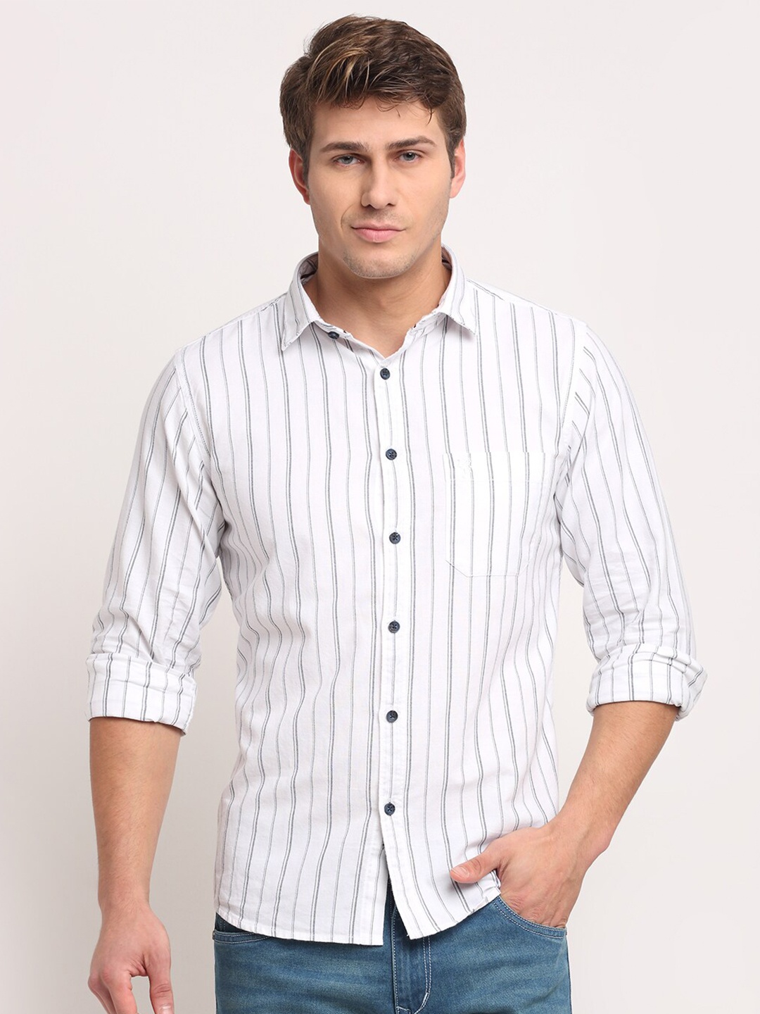 

Cantabil Men White Striped Pure Cotton Casual Shirt