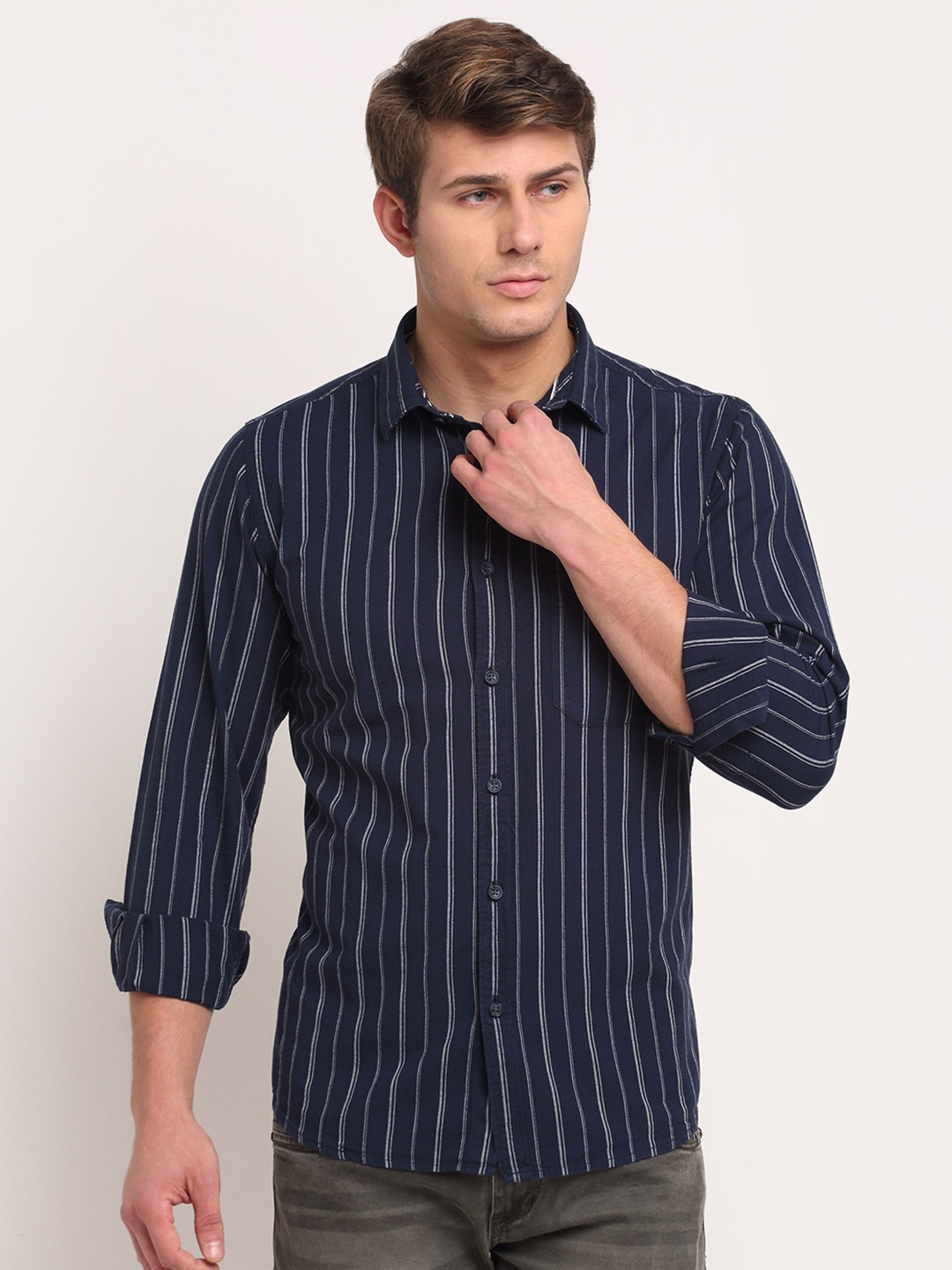 

Cantabil Men Navy Blue Striped Pure Cotton Casual Shirt