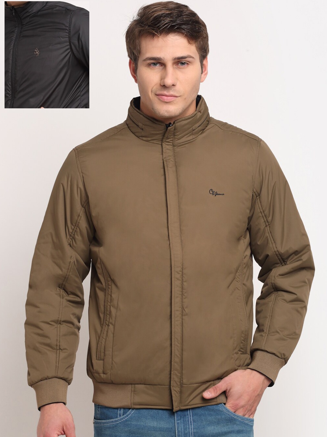 

Cantabil Men Brown & Black Solid Reversible Bomber Jacket