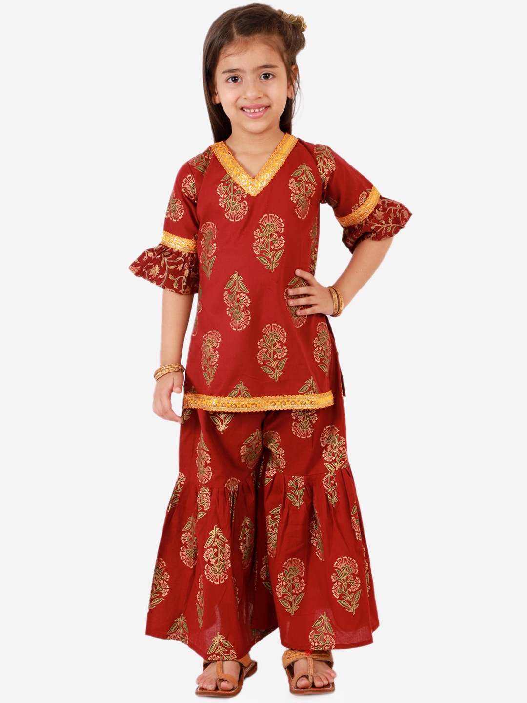 

KID1 Girls Maroon Floral Printed Pure Cotton Kurti with Sharara