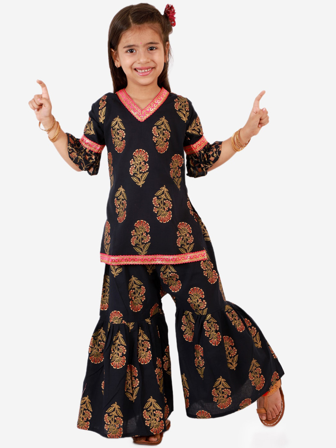 

KID1 Girls Navy Blue Ethnic Motifs Printed Pure Cotton Kurti with Sharara