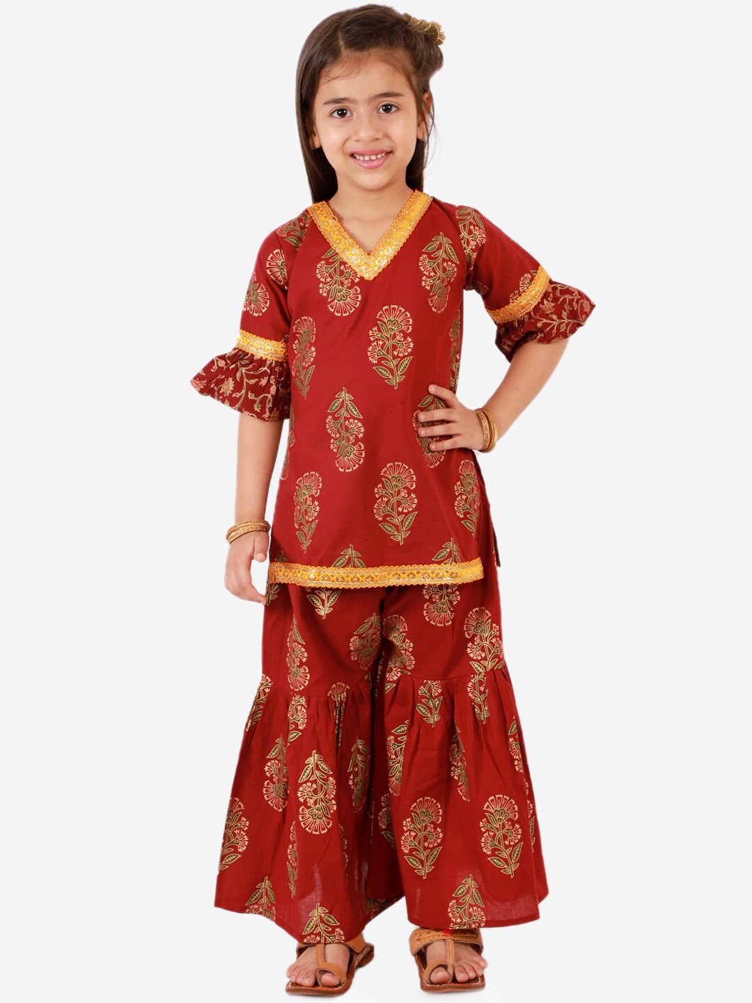

KID1 Girls Maroon Floral Printed Pure Cotton Kurti with Sharara