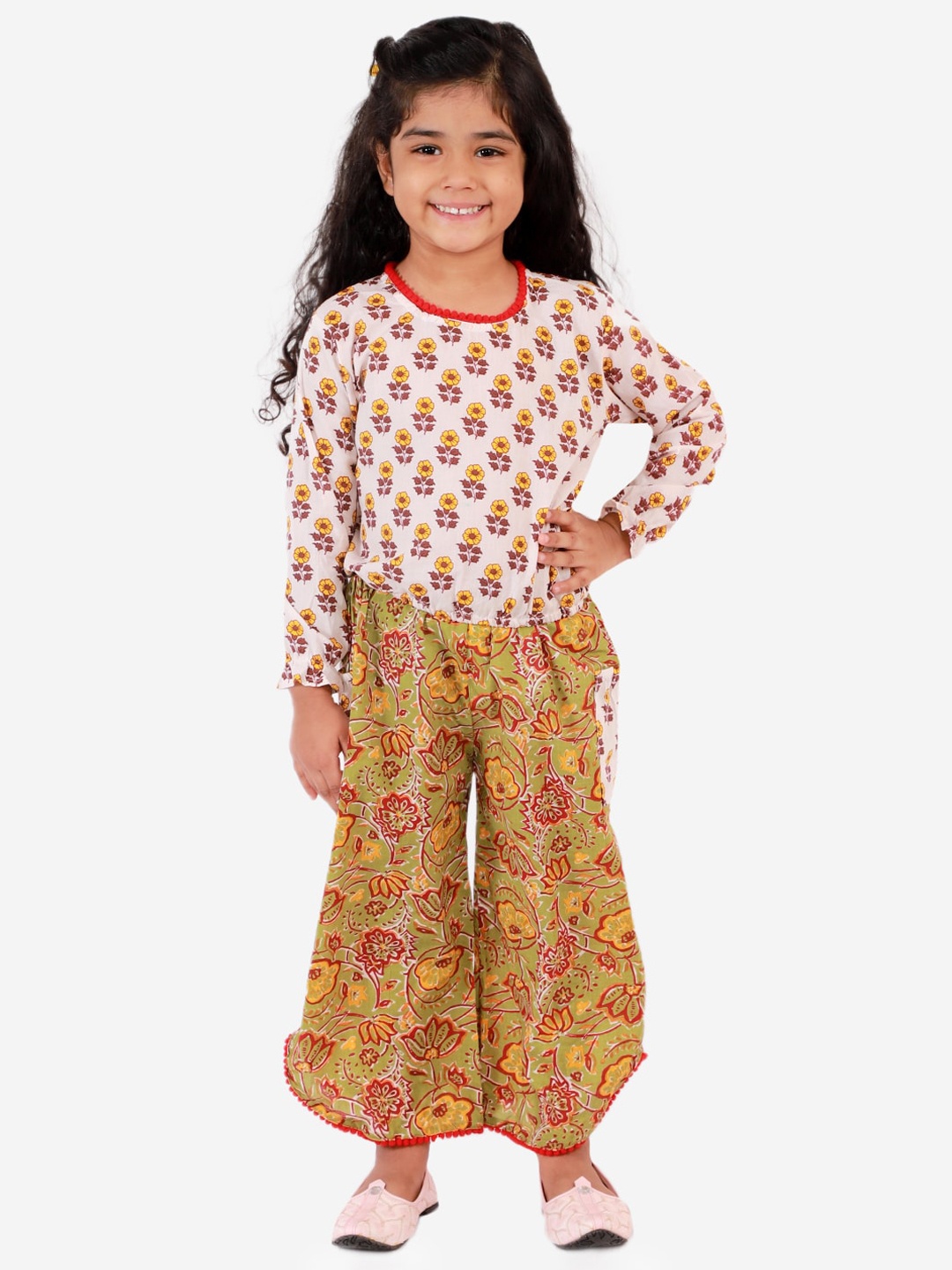 

KID1 Girls White & Yellow Floral Printed Pure Cotton Top With Palazzos