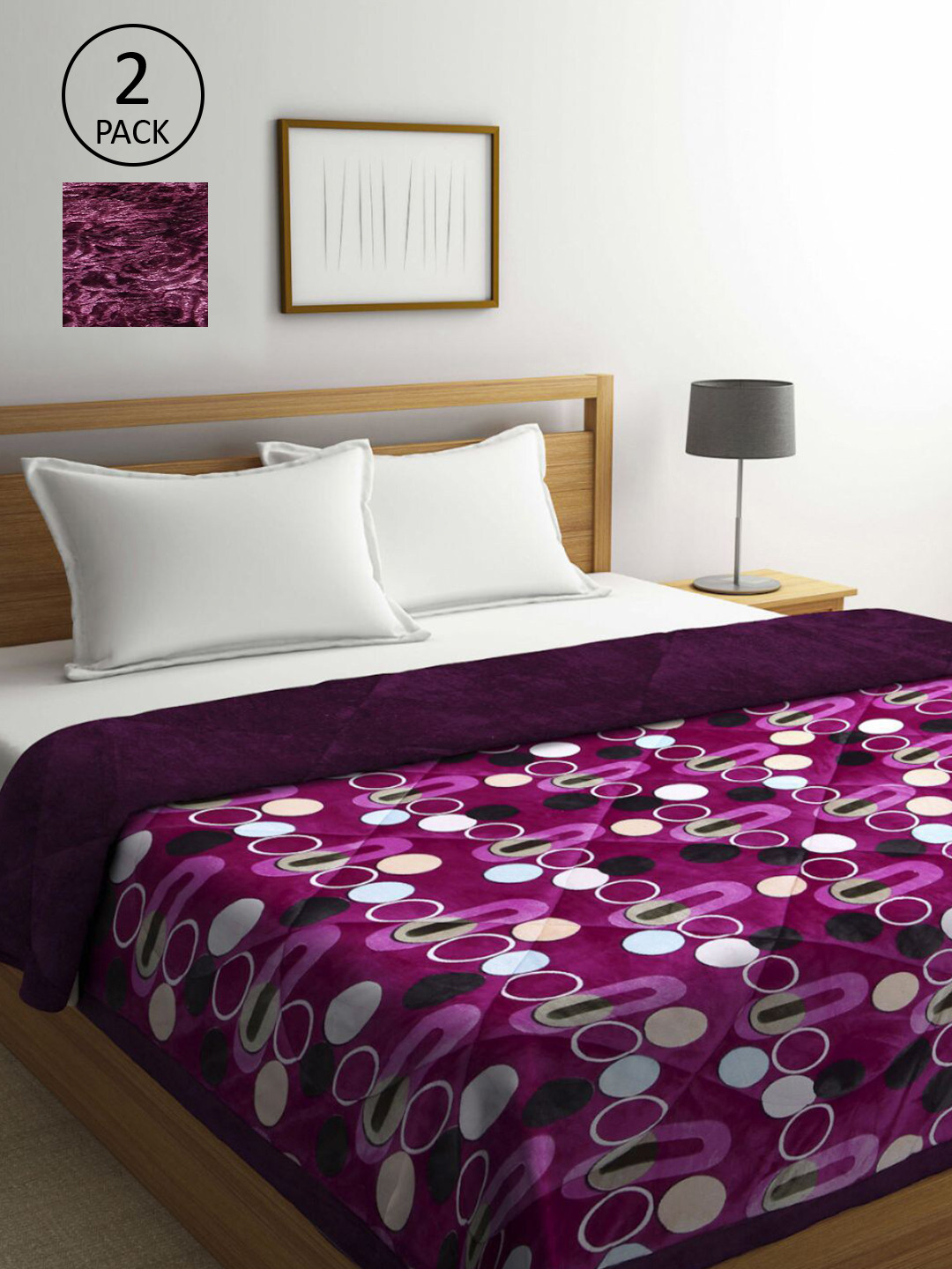 

KLOTTHE Purple & White Set of 2 Geometric Heavy Winter Double Bed Quilts