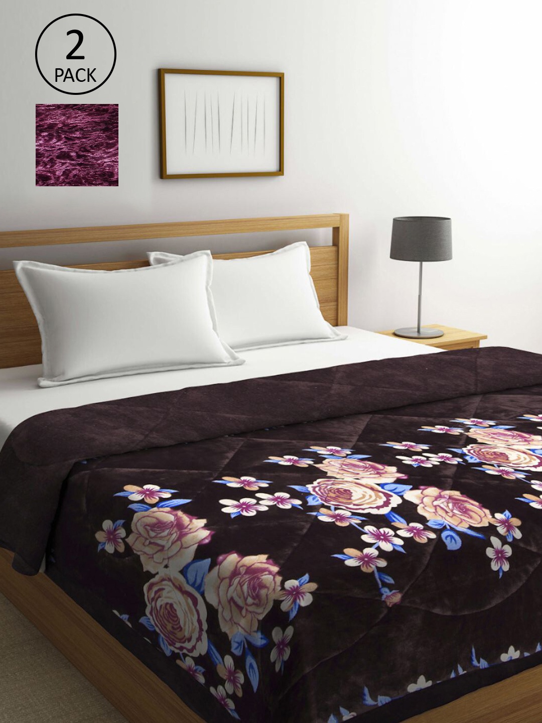 

KLOTTHE Set Of 2 Magenta & Coffee Brown Floral Printed 900 GSM Double Bed Quilt
