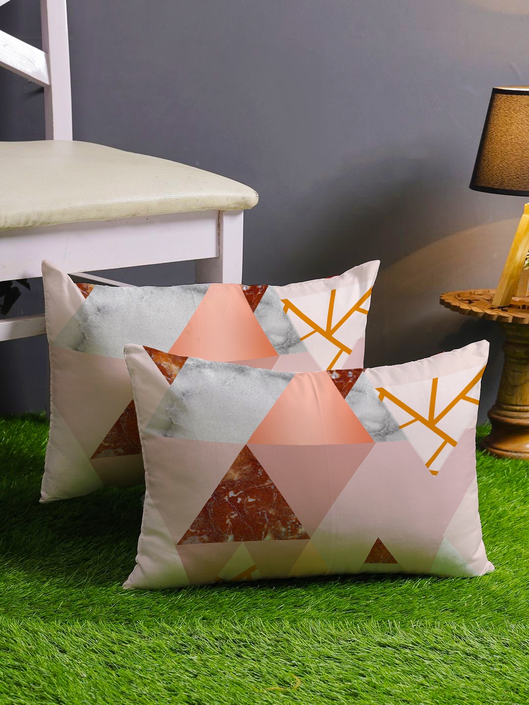 

STITCHNEST Brown & Peach-Coloured Set of 2 Geometric Rectangle Cushion Covers