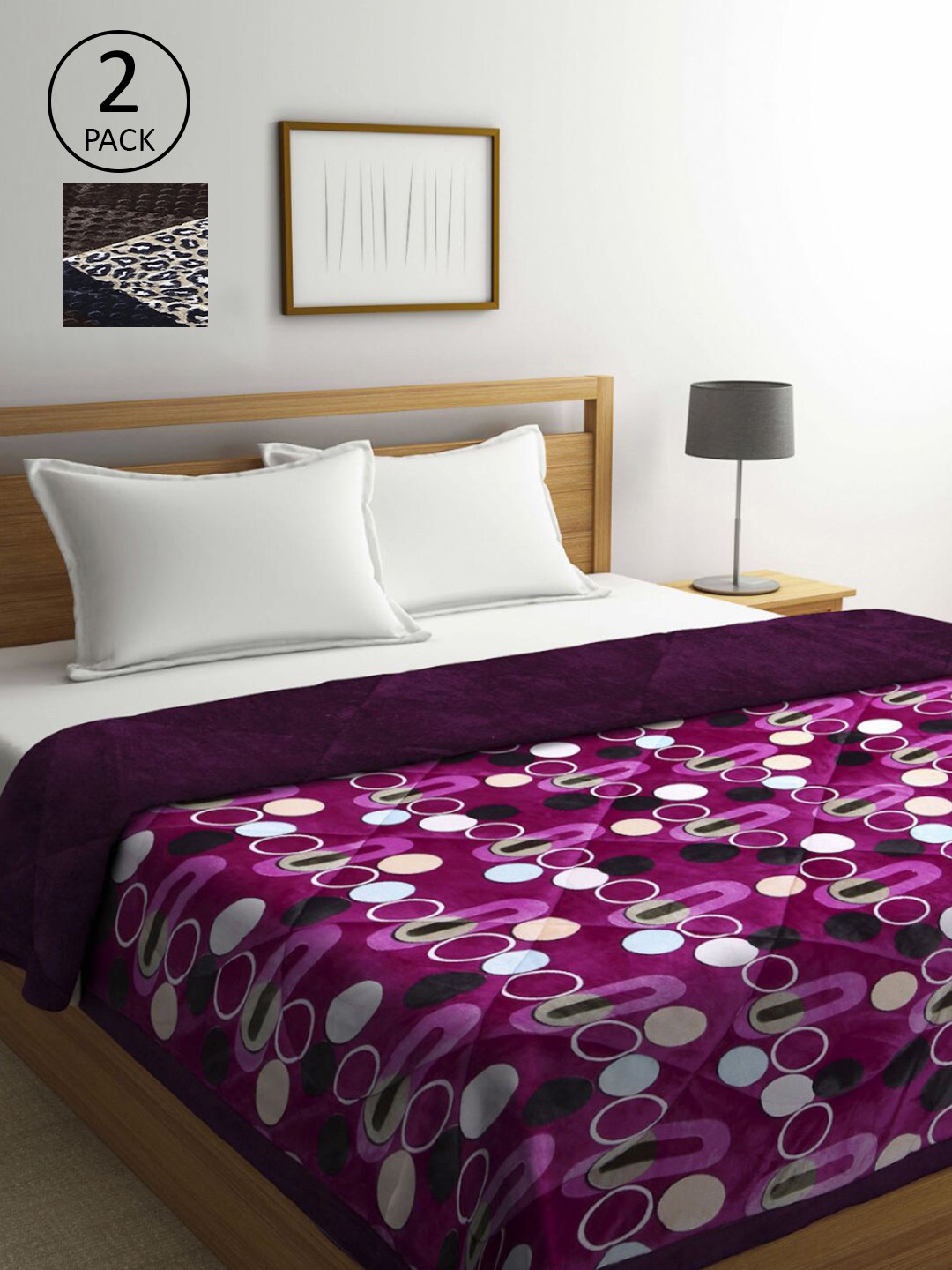 

KLOTTHE Magenta & Coffee Brown Set of 2 Geometric Heavy Winter Double Bed Quilt