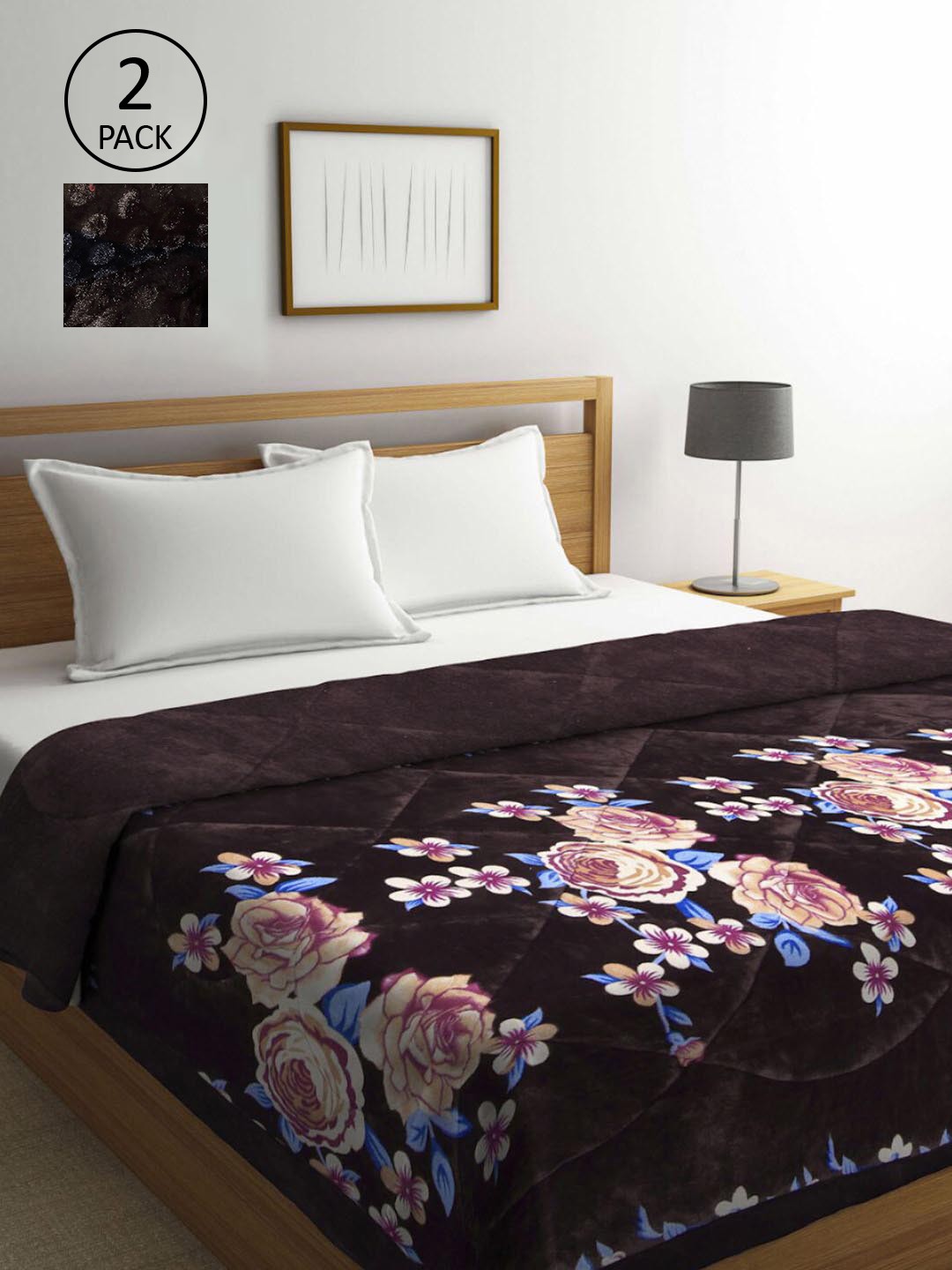 

KLOTTHE Set Of 2 Coffee Brown & Blue Floral Printed Fur Heavy Winter Double Bed Quilt