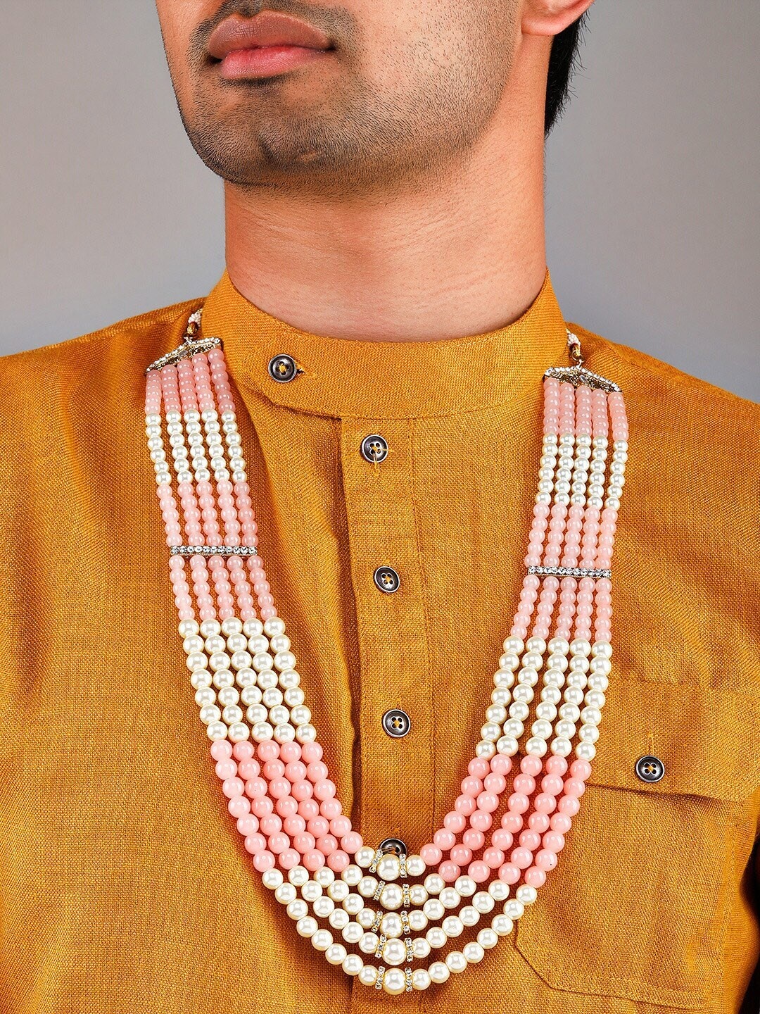 

Rubans Men Gold-Toned White & Pink Beaded Layered Necklace
