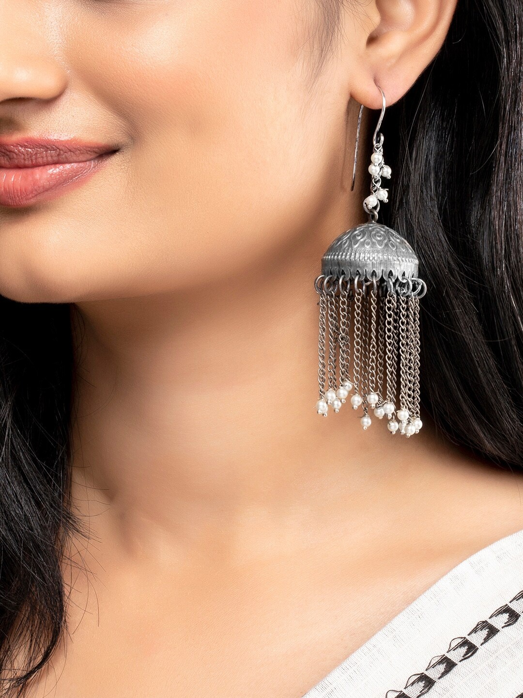 

Rubans Silver-Toned Oxidized Dome Shaped Jhumkas Earrings