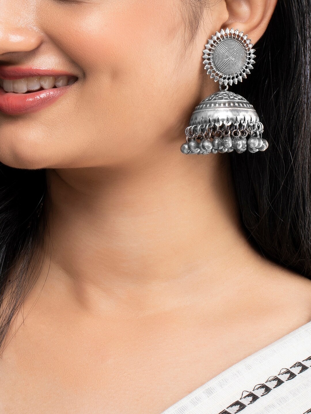 

Rubans Silver-Plated Dome Shaped Ghungroo Jhumkas Earrings