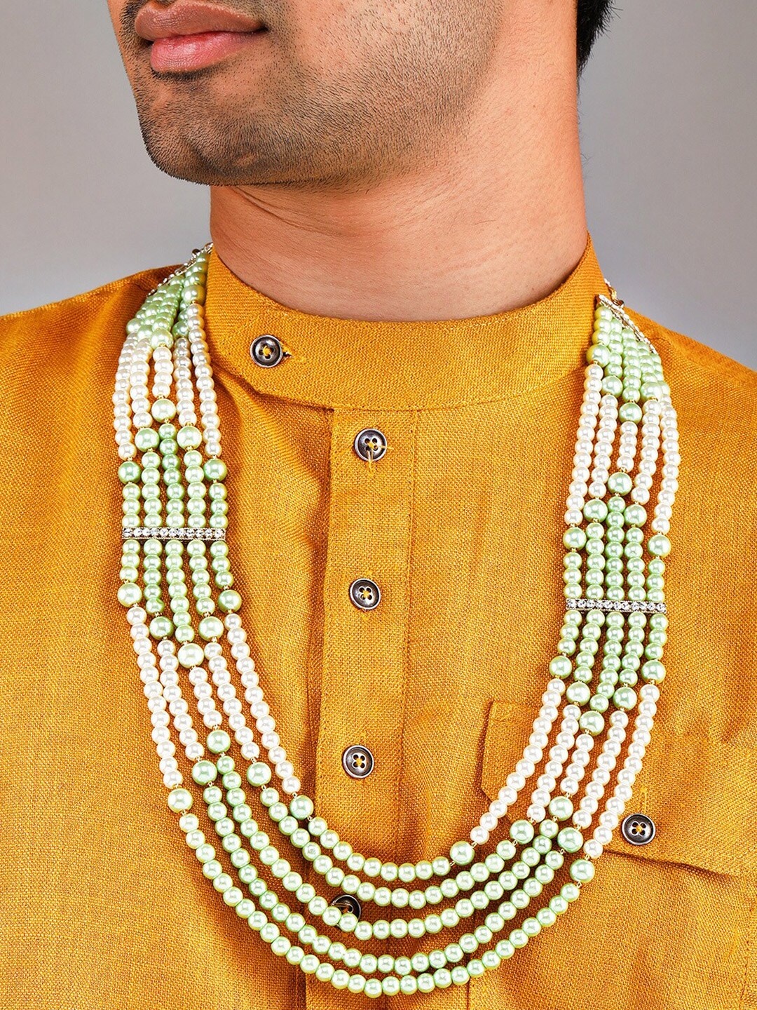 

Rubans Men Green & White Beaded Layered Necklace