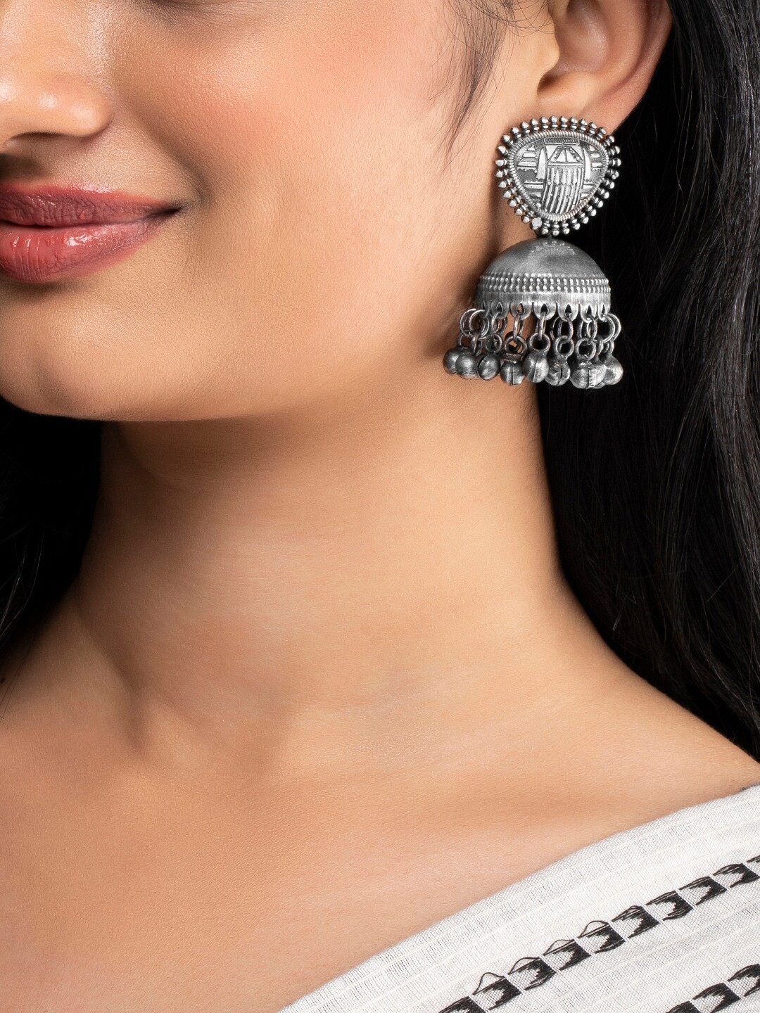 

Rubans Silver-Toned Dome Shaped Ghungroo Jhumkas Earrings