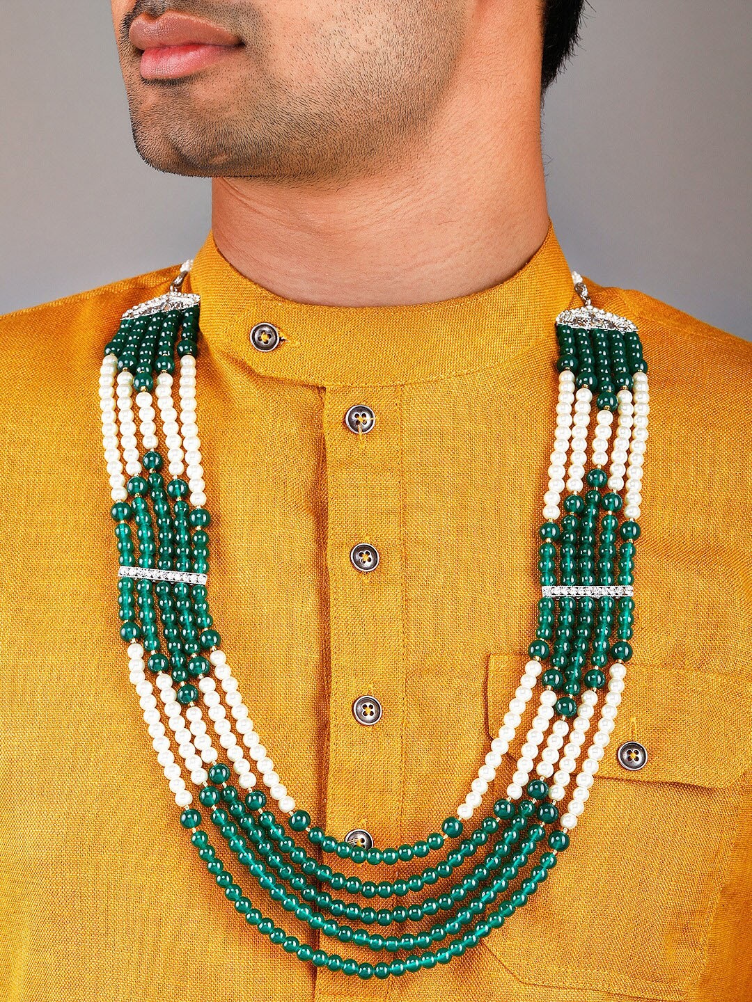 

Rubans Men White & Green Beaded Layered Necklace