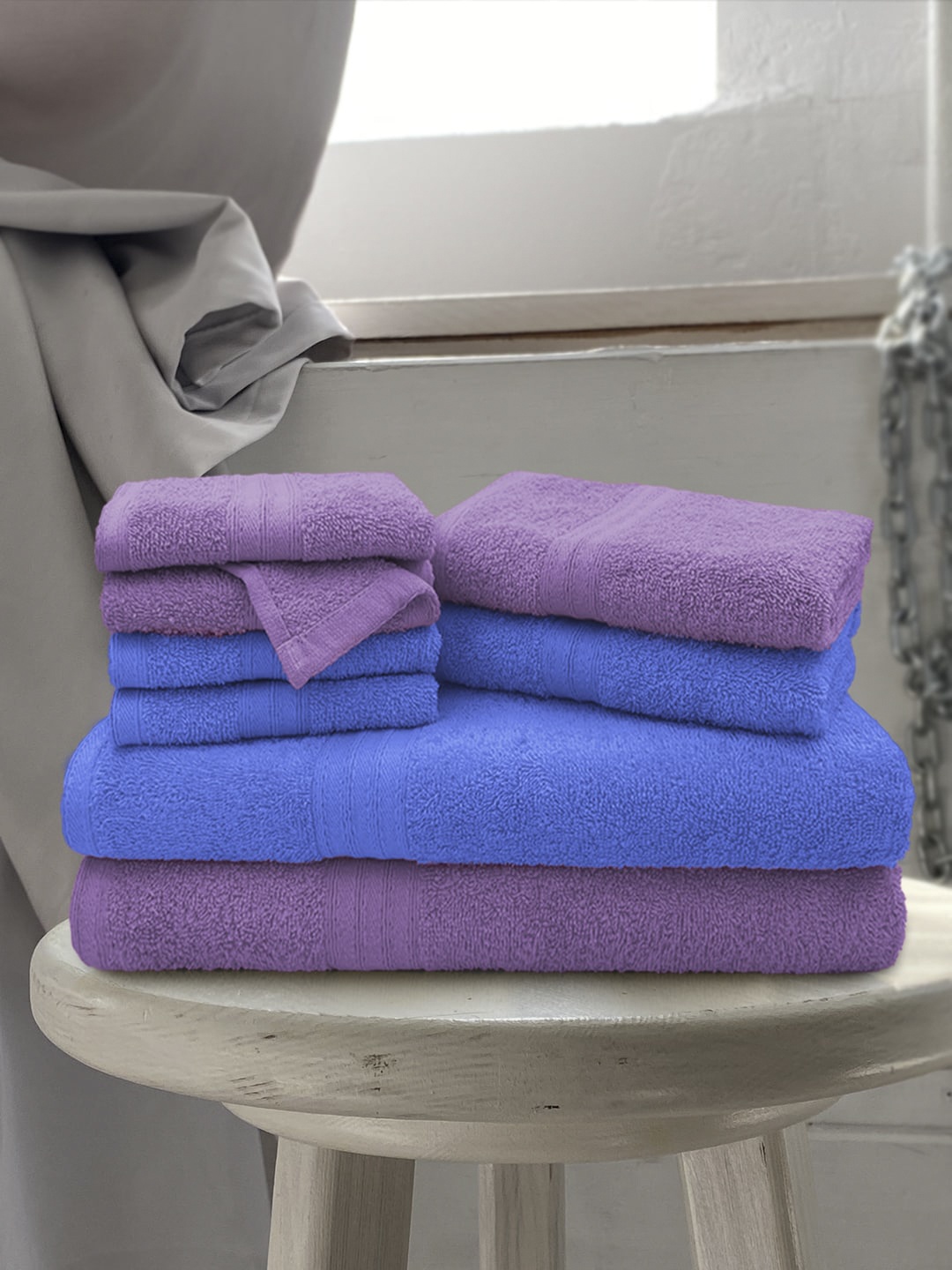 

Aura Set Of 8 Blue & Purple Solid Cotton Towel Set