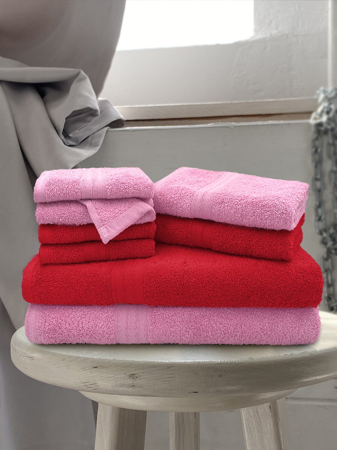 

Aura Set of 8 Solid 500 GSM Cotton Towel Combo, Red