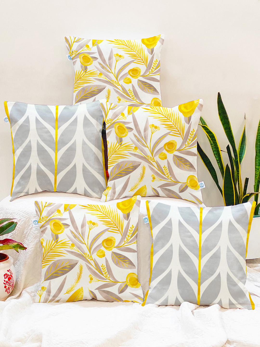 

STITCHNEST Grey & Yellow Set of 5 Floral Square Cushion Covers
