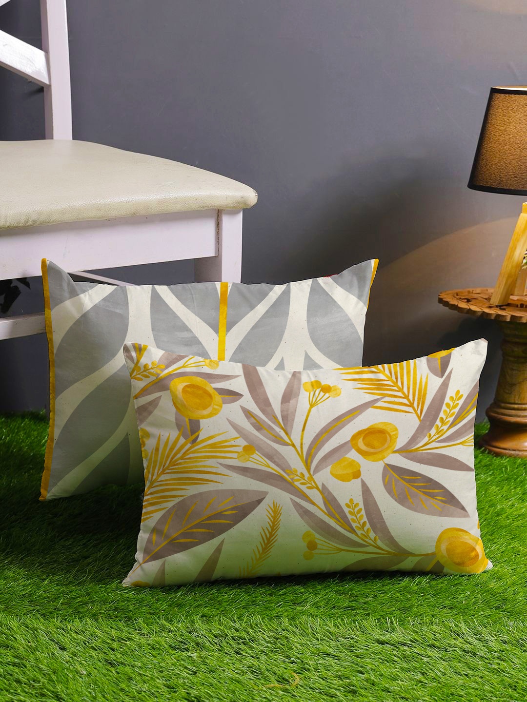 

STITCHNEST Grey & Yellow Set of 2 Floral Rectangle Cushion Covers