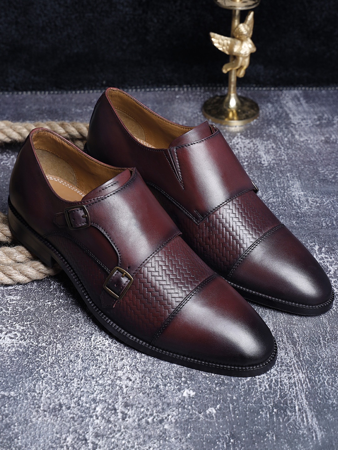 

LOUIS STITCH Men Premium Leather Dual Tone Patina Monk Shoes, Maroon